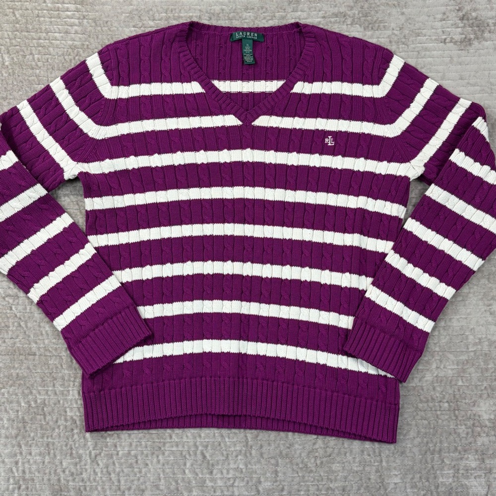 Lauren Ralph Lauren Purple White Striped Cable Knit‎ V-Neck Cotton Sweater XL